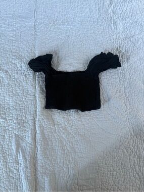 & Other Stories Black Smocked Puff-Sleeve Crop Top